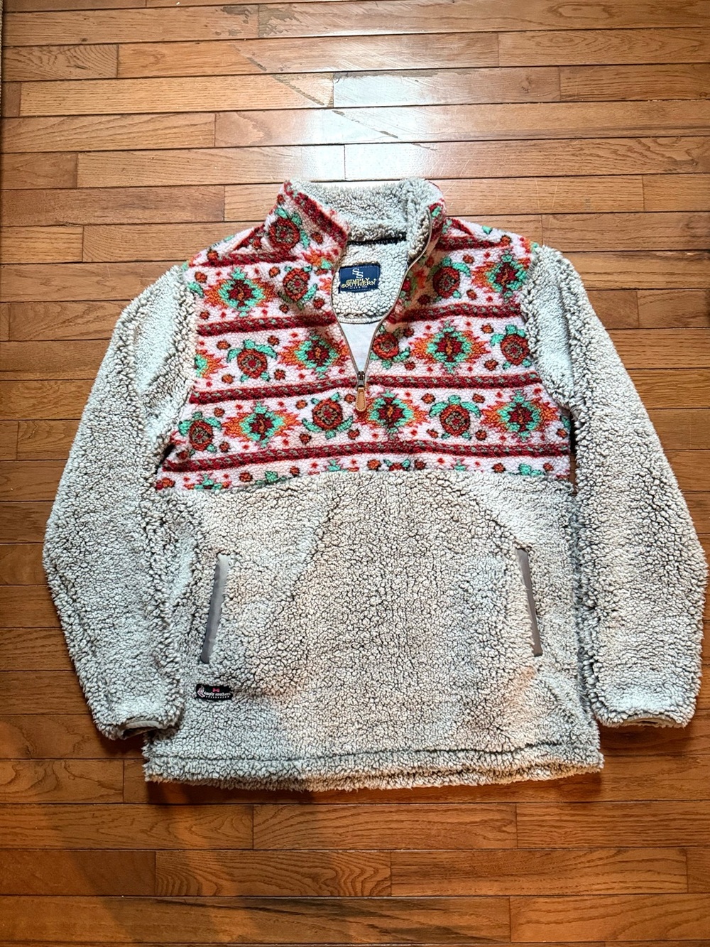 Simply Southern Plush Sea Turtle Aztec Pullover Sherpa Jacket Womens Size Large